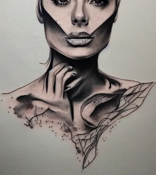 Image similar to realism tattoo sketch of a isabelledeltore face double exposure mountain scenery, in the style of matteo pasqualin, amazing detail, sharp, faded