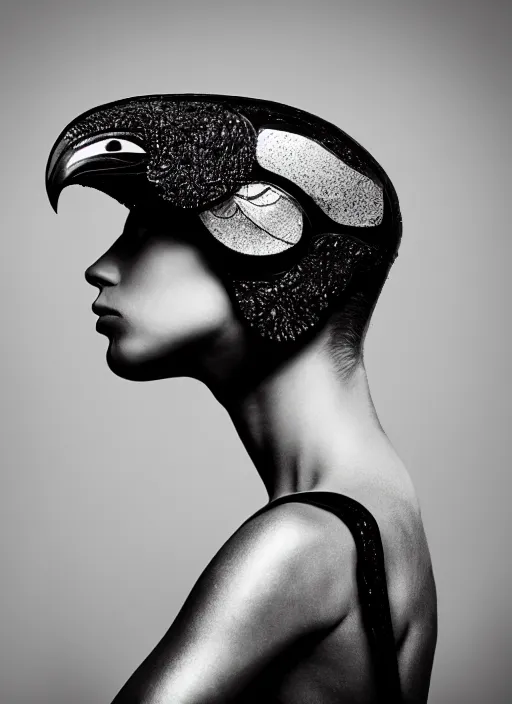 Image similar to a profile portrait, a stunning young woman - cyborg with a mutant crow head, editorial photography, bw, shot on 7 0 mm, depth of field, f / 2. 8, high contrast, 1 6 k, volumetric lighting, shiny, insanely detailed and intricate, hypermaximalist, elegant, ornate, hyper realistic, super detailed