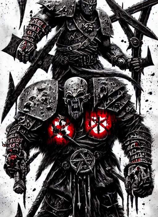 Image similar to berserker of khorne, blood warrior, evil, bloody axe, screaming, insanity, anger, psychopath, intricate, bloody runes, runes, yellow and brown lighting, bottom up lighting, warhammer, warhammer 4 0 k, highly detailed, digital painting, concept art, sharp focus, illustration, psychedelic, grim dark, moody, gloomy, art by john blanche