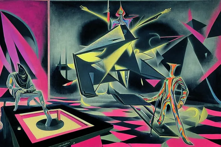 Image similar to a beautiful masterpiece painting of the technomancer wizard in dazzle camouflage robes with pointed hoods and his ai djinn performing psychic television on a crt tv by remedios varo and anato finnstark and greg rutkowski and andy warhol and francis picabia, dayglo pink, dayglo blue, dazzle camouflage, glowing, pearlescent white, raven black