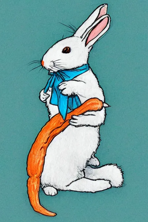 Image similar to drawing of white rabbit, holding a carrot, sitting at a desk, Beatrix Potter, turquoise