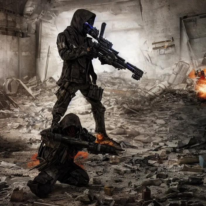 Image similar to gritty hooded apocalyptic man firing laser - rifle in destroyed airport, hyper - detailed, smooth, sharp focus, 4 k ultra hd, fantasy dark art, apocalyptic art