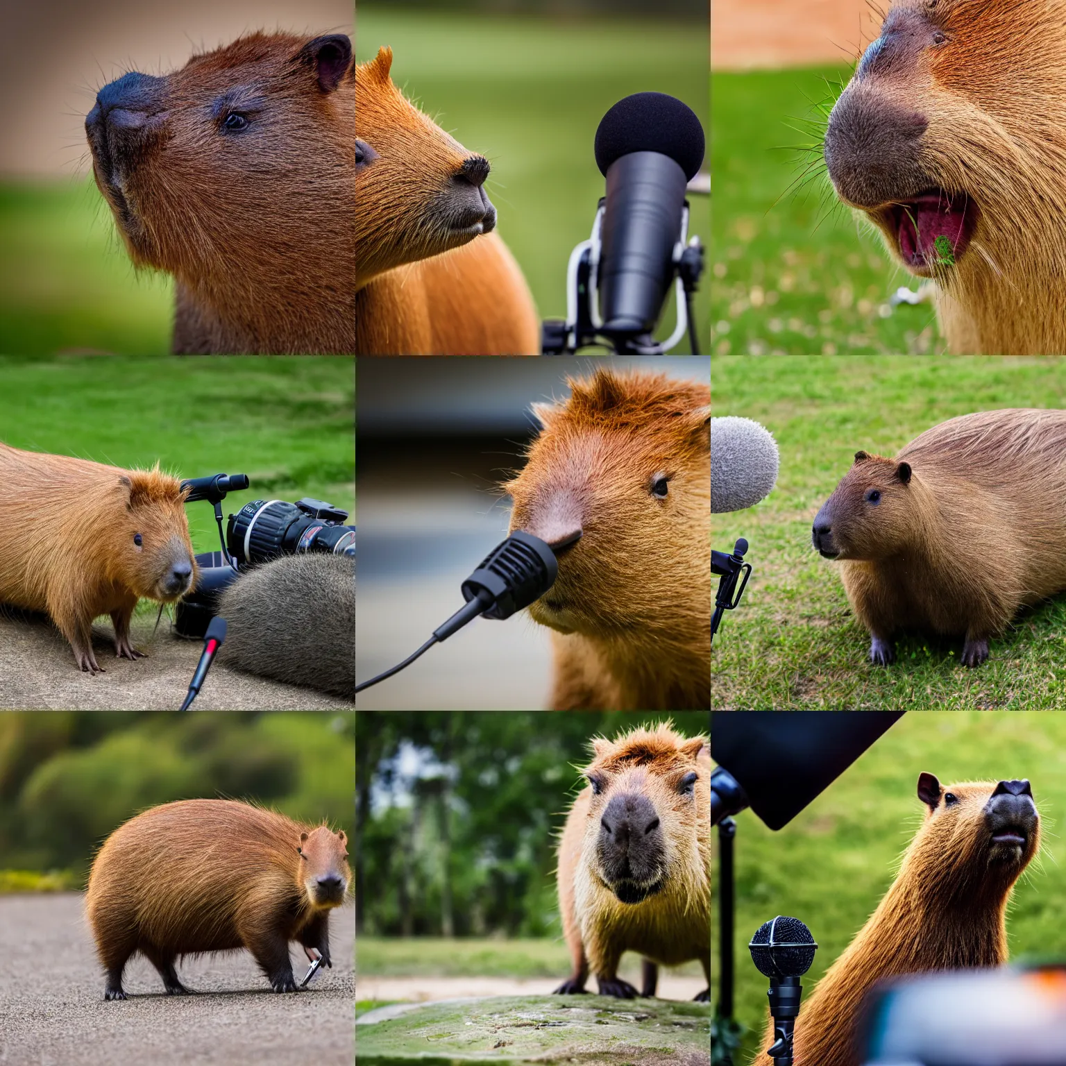 Prompt: a capybara being interviewed with a microphone, high quality, sigma 85mm, 4k