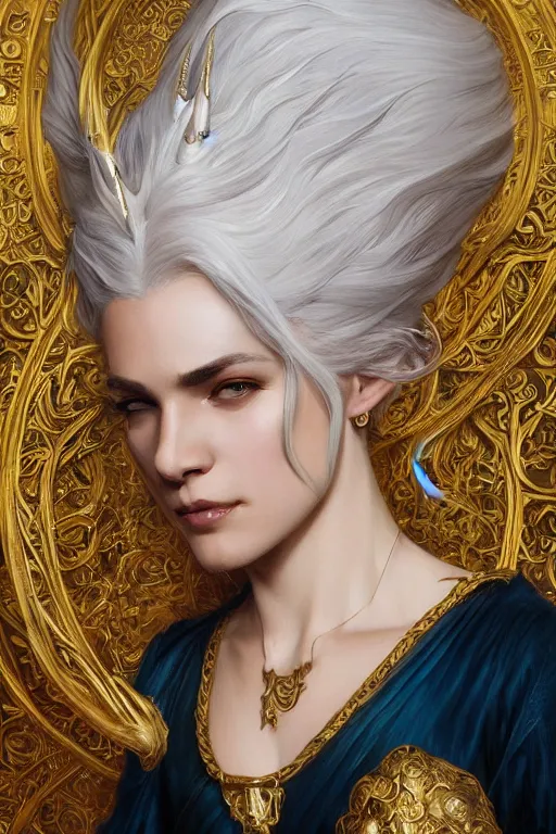 Image similar to fullbody!! beautiful woman with white hair, big natural horns on her head, gold jewellery, dnd, face, fantasy, intricate, elegant, highly detailed, digital painting, artstation, concept art, smooth, sharp focus, illustration, art by artgerm and greg rutkowski and alphonse mucha