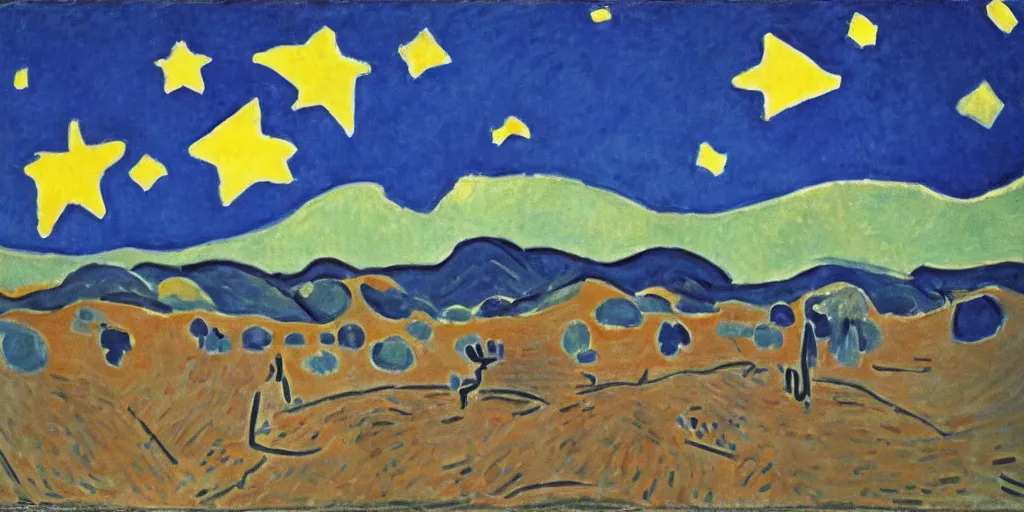 Prompt: desert with sky with stars by henri matisse, cinematic, highly detailed wide, atmospheric lighting