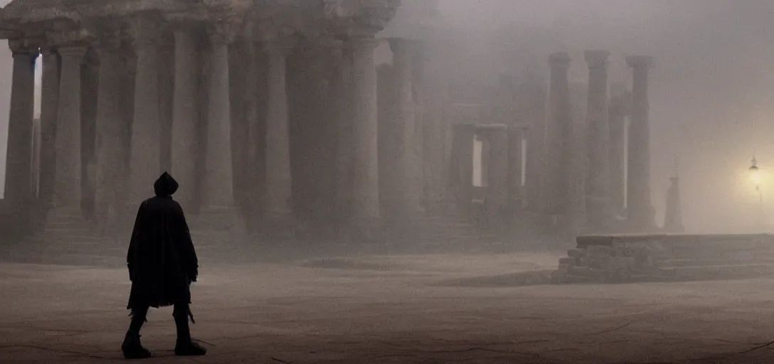 Image similar to prince of darkness as mickey mouse walking out from epic temple, foggy, cinematic shot, photo still from movie by denis villeneuve, wayne barlowe