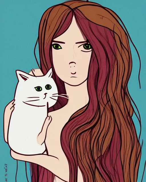 Prompt: a portrait of a young woman with very long pink hair undulating on the wind, light brown eyes, slightly chubby, pale skin, pretty, cute, holding a white cat. adventure time style