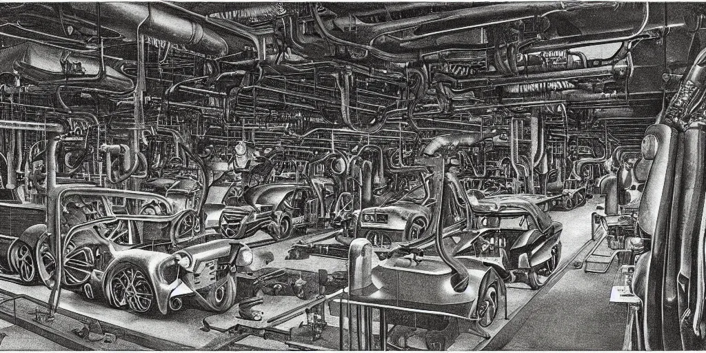 Prompt: Inside an automobile factory, painted by Grant Wood and H.R. Giger