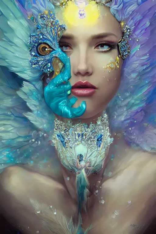 Image similar to beautiful princess with face covered with blue jewels wearing ice feathers, diamonds, angel, fantasy, yellow background beam, dramatic lighting, highly detailed, digital painting, magic the gathering, 3 d render, hyper realistic detailed portrait, peter mohrbacher, wlop, ruan jia