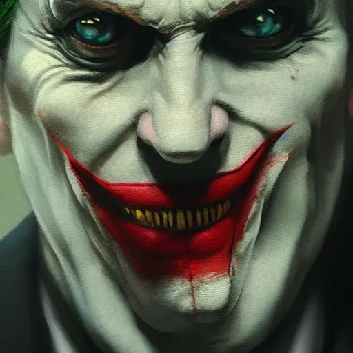 Image similar to very detailed masterpiece painting of the joker, portrait, artstation, concept art by greg rutkowski