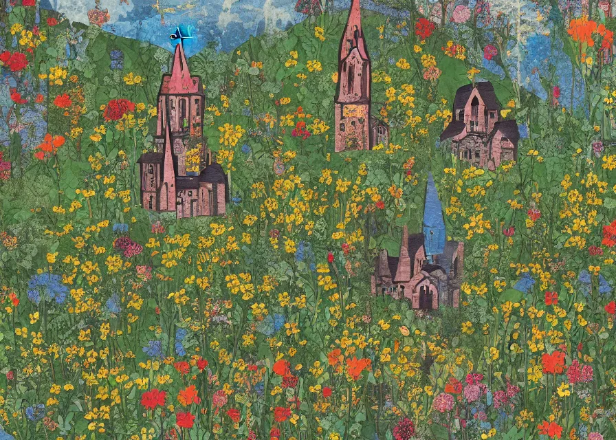 Image similar to small gothic monastery in the middle of a forest with flower meadow, colored paper collage