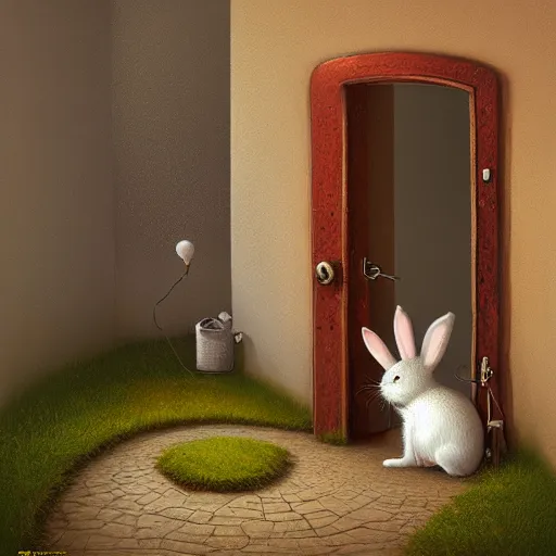 Image similar to cute rabbit hides behind the door by gediminas pranckevicius