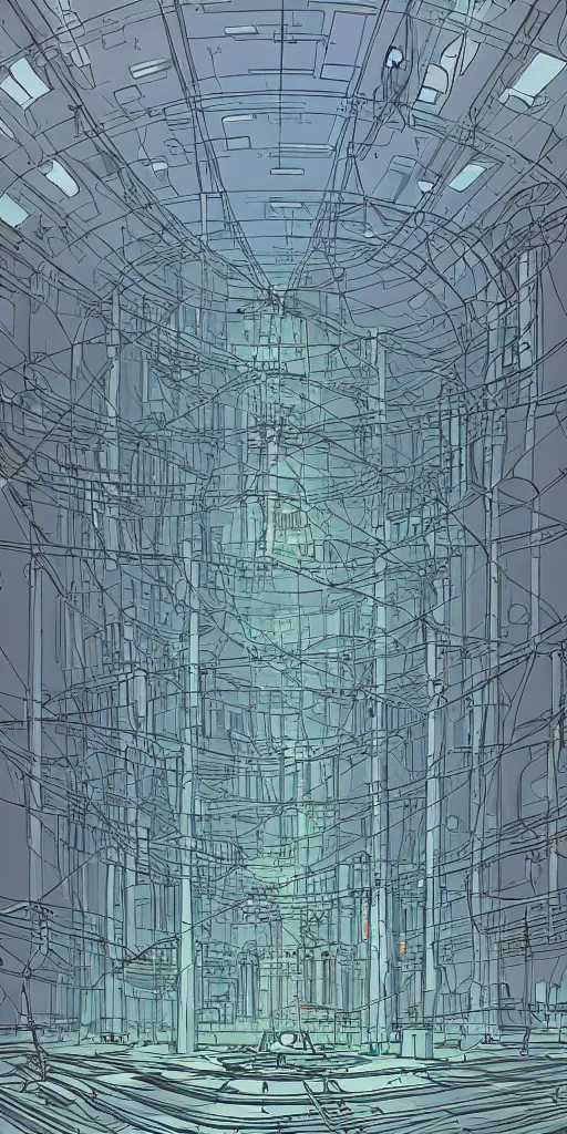 Prompt: underground huge experimental water tanks , mysterious laboratory, thick mist, low ceiling, cables hanging from ceiling, thick cables on ground, ground perspective, god rays of light, huge computer screens, neons, saturated top light , epic scene, scifi, illustration, art by ghibli moebius