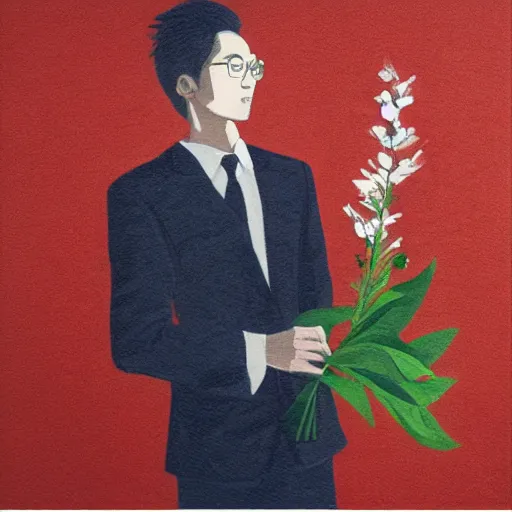 Image similar to guy holding flowers, looking nostalgic, in love, in a dapper suit, artwork by Cheng, Hsiao-Ron