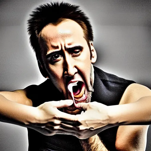 Prompt: portrait of nicolas cage eating his hand, highly detailed, professional photograph, dramatic lighting