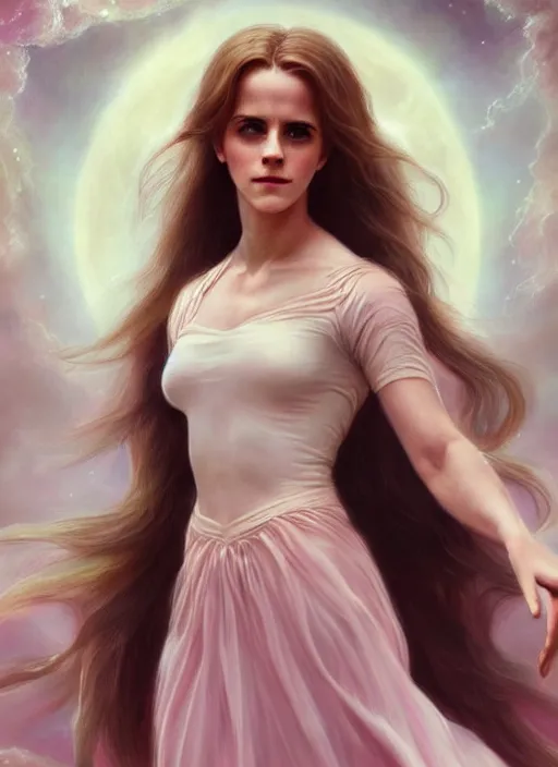 Image similar to emma watson as nature magic celestial, long hair, soft pink and white transparent cloth, space, D&D, shiny background, intricate, elegant, highly detailed, digital painting, artstation, concept art, smooth, sharp focus, illustration, artgerm, bouguereau