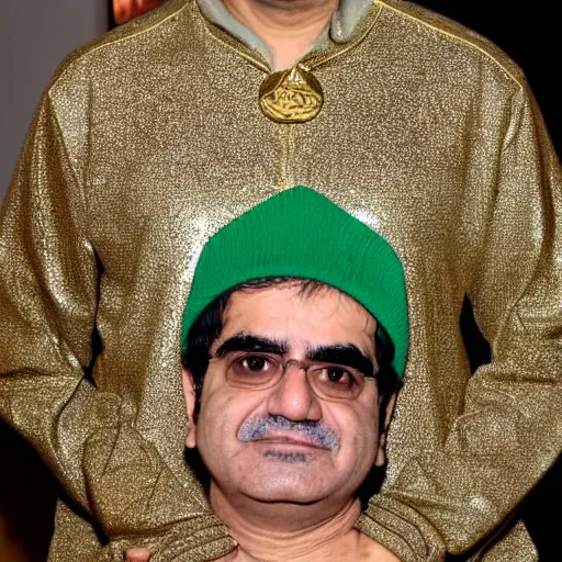 Image similar to jafar panahi, clean shaven, wearing a green tracksuit and gold necklace with large star shaped gold medallion