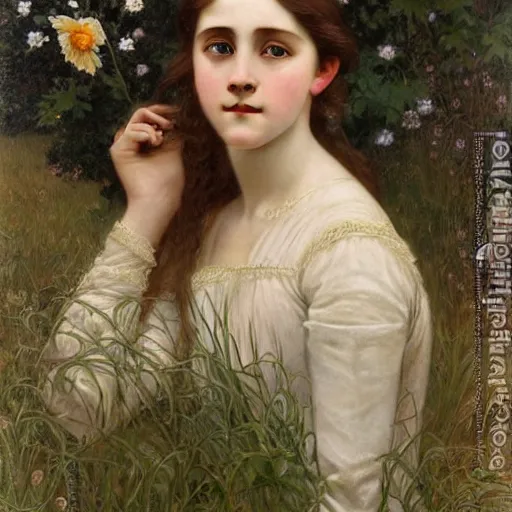 Prompt: a detailed, intricate art nouveau portrait of a young bride who resembles a teenage saoirse ronan and emma watson, in a field of grain, by william adolphe bougereau, john williams waterhouse, alphonse mucha, and donato giancola