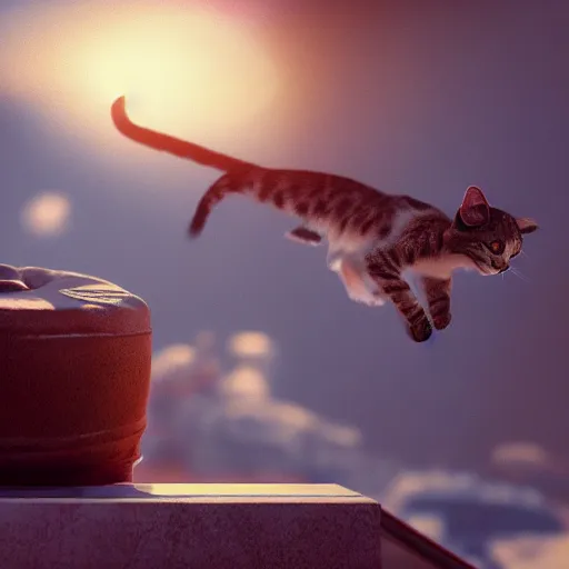 Image similar to Cinematic shot of flying cat, hd, 4k, AAA game, octane render, raytracing, RTX