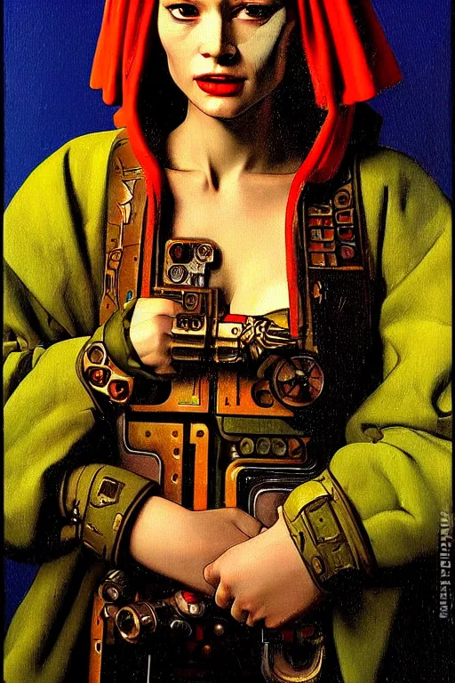 Image similar to full character portrait max mad cyberpunk warhammer 4 0 k, medic sapper not the girl with the pearl earring character design, painting by vermeer, frank frazetta, mucha klimt