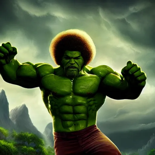 Image similar to photomanipulation of BOB ROSS as hulk with human flesh, marvel, fully detailed, volumetric lightening, octane render, 8k, masterpiece, epic composition