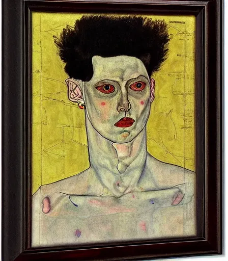 Prompt: portrait of a handsome non binary criminal lost in thought, by egon schiele, intense desire, high quality, high detail