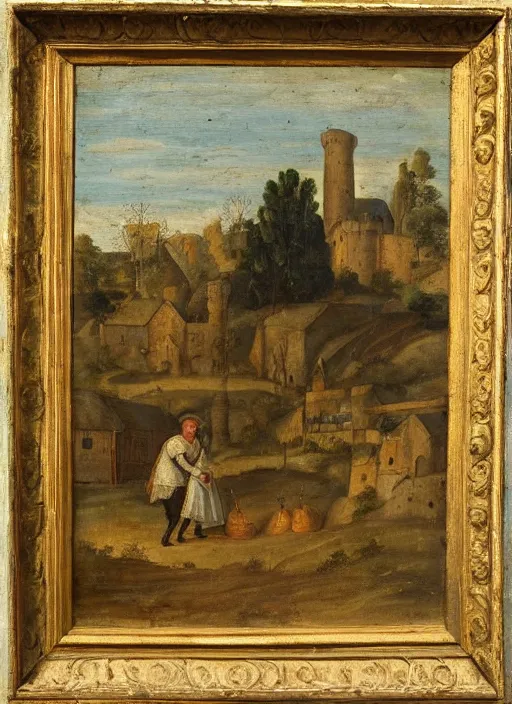 Image similar to a 1 6 th century oil painting of a medieval peasant tending to a farm beside a castle