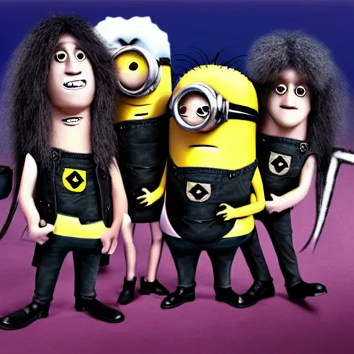 Image similar to minions as a heavy hair metal band from 8 0 s playing their concert on stadium