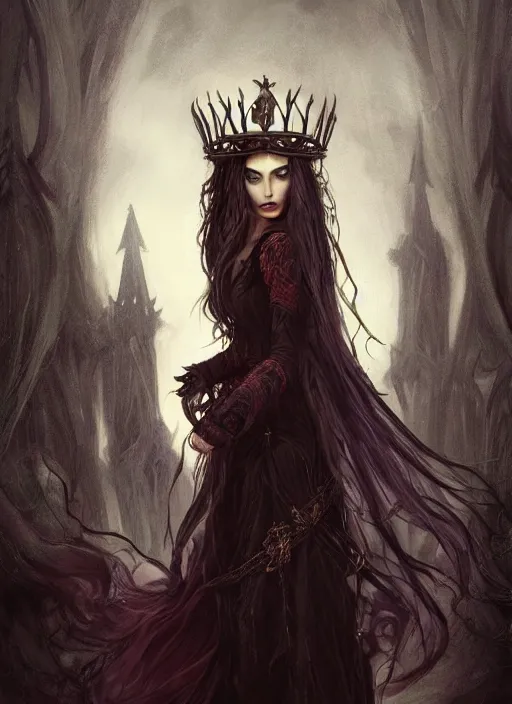 Image similar to mysterious dark and beautiful witch with long hair and a crown, fantasy, medieval, vivid colors, fantasy, elegant, concept art, sharp focus, beautiful face!!, digital art, Hyper-realistic, 4K, Unreal Engine, Highly Detailed, HD, Dramatic Lighting by Brom, trending on Artstation