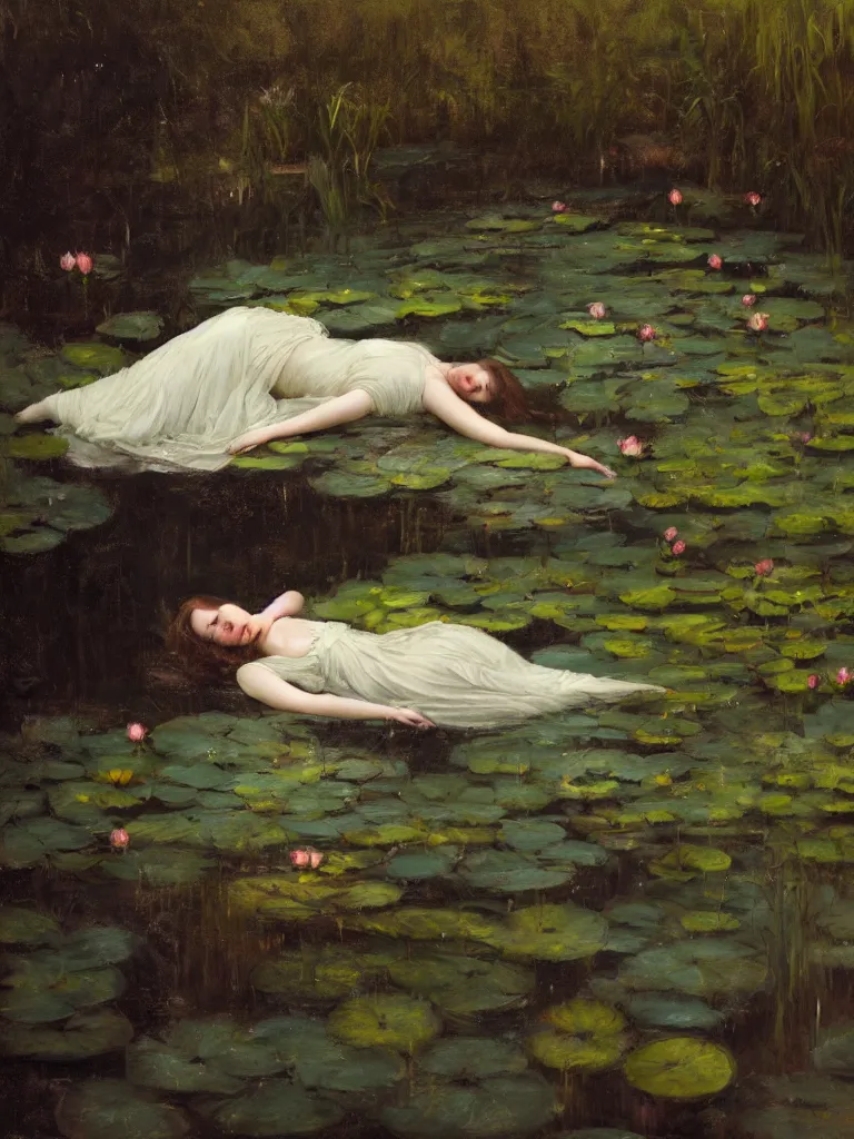 Image similar to detailed cinematic moody colors studio portrait of a victorian young lady sleeping in a victorian pond, water lilies, ofelia inspired high quality by jeremy mann, only one head single portrait