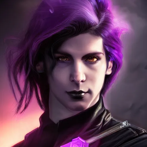 Image similar to An epic fantasy comic book style portrait painting of a young man with straight long black hair lilac eyes. Wearing black spy combat clothes. He is holding knives in both hands. Menacing look. Dark purple energy portal around, born from shadows. Unreal 5, DAZ, hyperrealistic, octane render, cosplay, RPG portrait, dynamic lighting