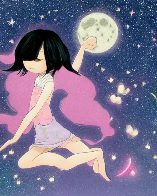 Prompt: a cute pastel night, Yukiko Sato is asleep, moon, starry, fireflies, her gorgeous luxurious black hair is lifted up as if underwater, blending into the night sky Milky Way, zero gravity hair, rule of thirds
