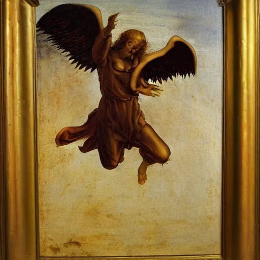 Prompt: oil painting of lucifer the fallen angel falling from heaven, leonardo da vinci style,