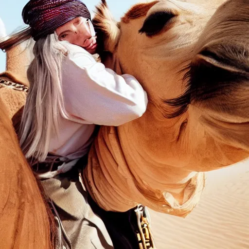 Image similar to close up shot of billie eilish riding a camel