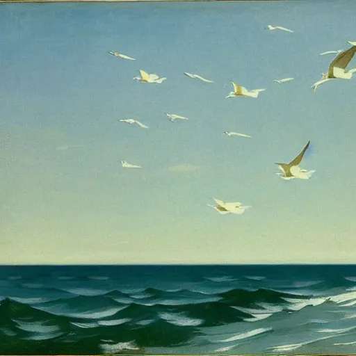 Prompt: white birds flying above the sea with big waves by Edward Hopper