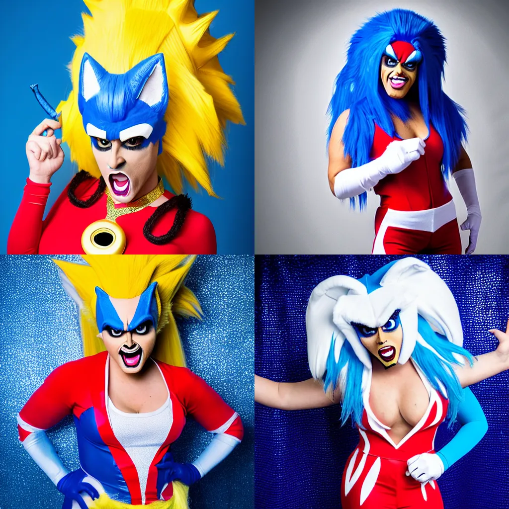 Prompt: professional studio portrait of a drag queen contestant dressed like Sonic the Hedgehog, Sonic cosplay