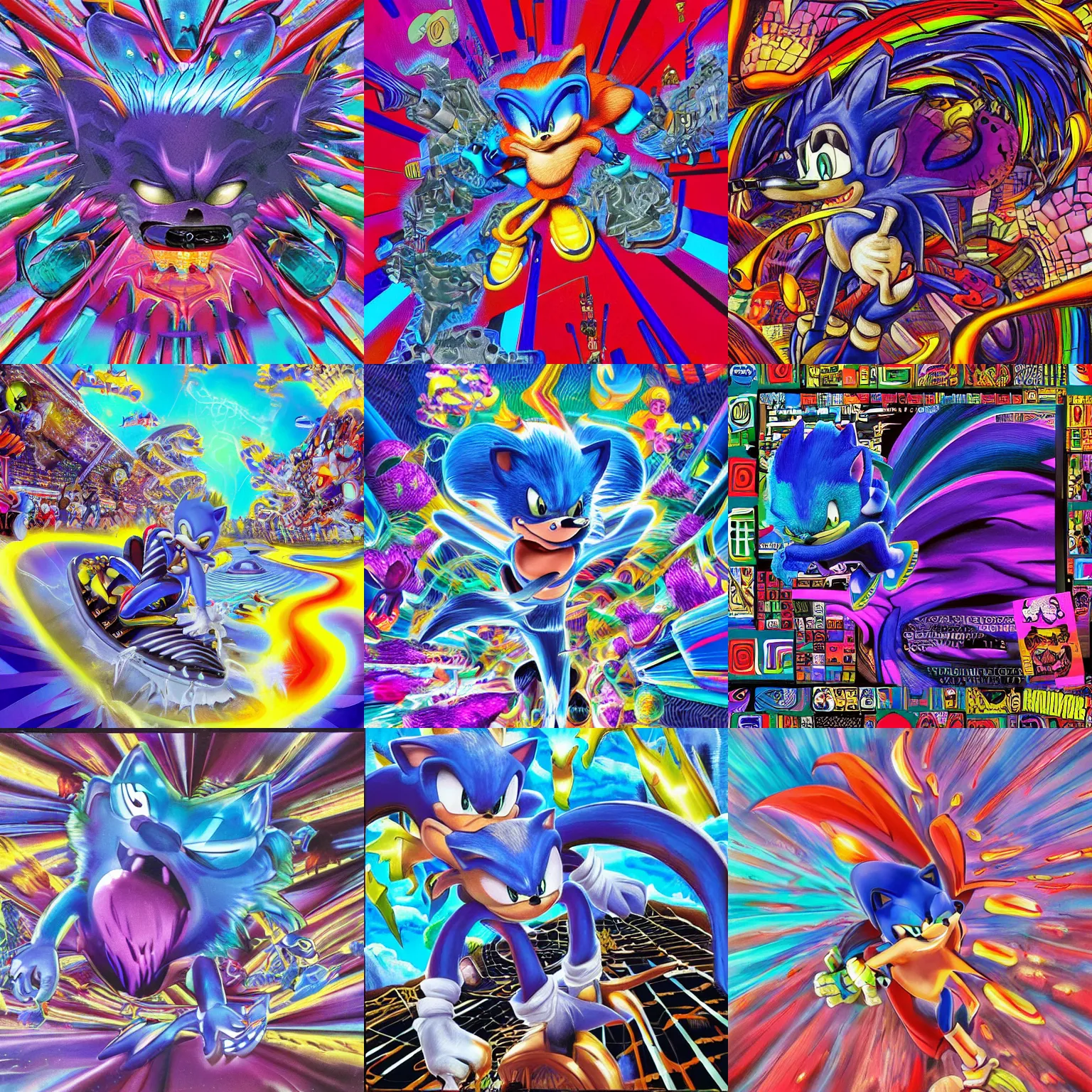 Prompt: surreal, sharp, detailed sonic hedgehog professional, high quality airbrush art MGMT album cover of a liquid dissolving LSD DMT blue sonic the hedgehog surfing through cyberspace, purple checkerboard background, 1990s 1992 Sega Genesis video game album cover