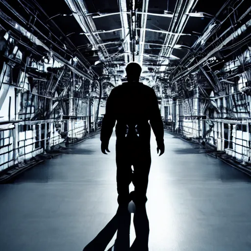 Image similar to mysterious man in silver space suit, walking on a small industrial catwalk, floating in the darkness of space, with a black background, photograph, wide angle, long shot