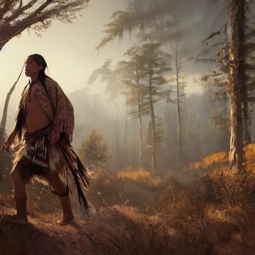 Image similar to native american indigenous man wearin traditional clothing walking to the left, facing sideways, greg rutkowski, detailed artwork, unreal engine