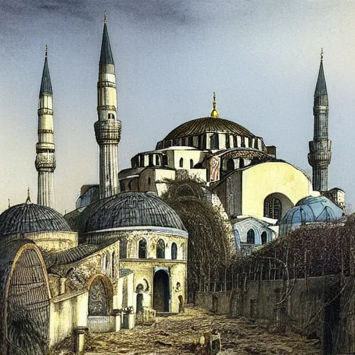 Image similar to Hagia Sofia pyramid fortress in a rustic seaside village, Tim Burton, Alan Lee