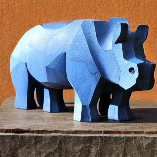 Image similar to wood block small hippo statue, wood blocks bottom hippo body, blue chrome top hippo body, by a genius craftsman, highly detailed, wood block legs made of polished wooden blocks