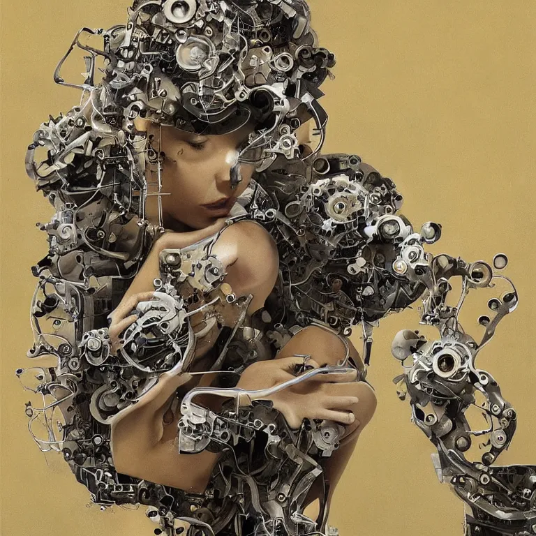 Prompt: “ symbiosis of woman and machine, hyper realistic abstract surrealism, detailed ”