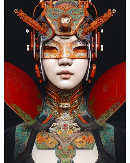 Image similar to portrait of a cyberpunk machine, machine face, upper half portrait, decorated with chinese opera motifs, asian, fine china, wuxia, traditional chinese art, intricate, elegant, highly detailed, symmetry, headpiece, digital painting, artstation concept art smooth sharp focus, illustration, art by artgerm and greg rutkowski alphonse mucha 8 k