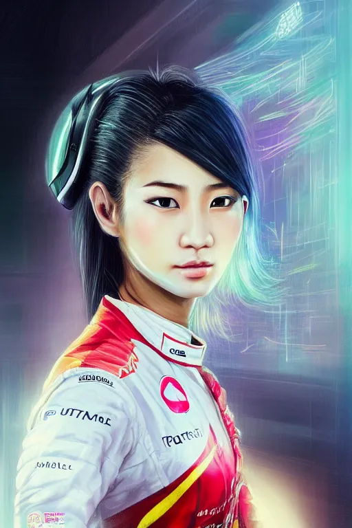 Prompt: portrait beautiful asian female formula one racer, wearing formula one racer uniform, at formula one racing car repair room, ssci-fi, fantasy, intricate, very very beautiful, elegant, human anatomy, neon light, highly detailed, digital painting, artstation, concept art, soft light, smooth, sharp focus, illustration, art and details by Brook Shaden