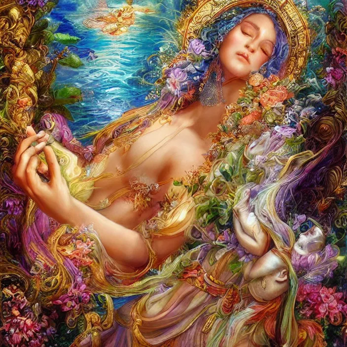 Prompt: goddess of water checking her phone, magic realism, art by josephine wall, art by huang guangjian, art by viktoria gavrilenko, art by amanda sage, trending on artstation