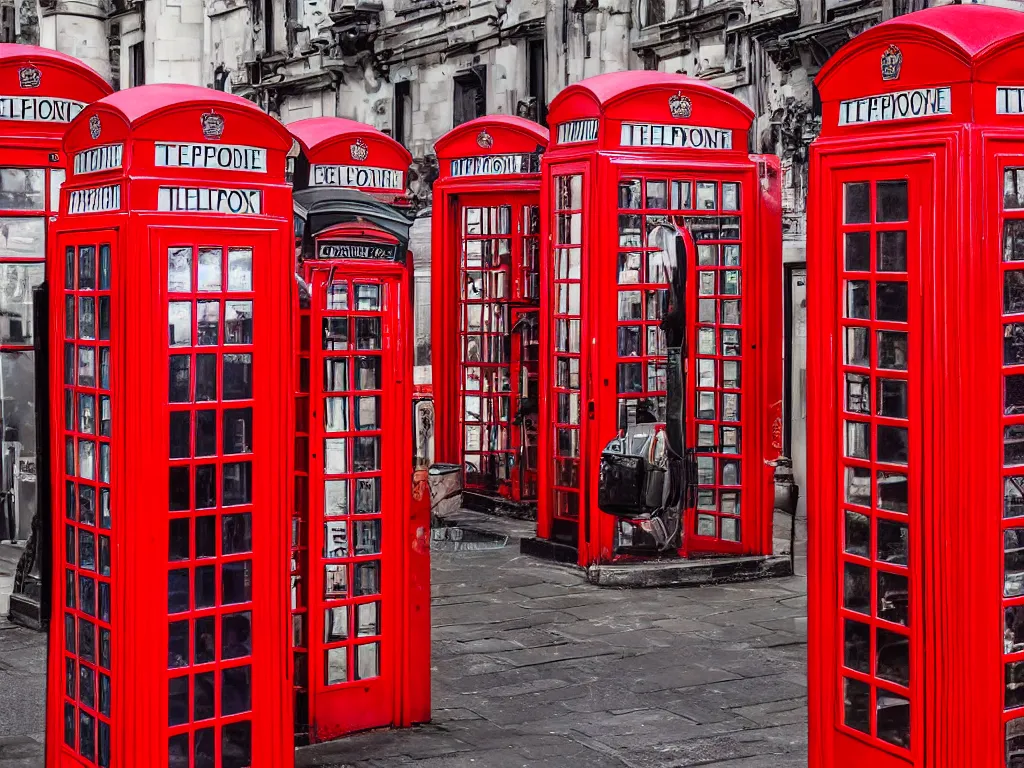 Image similar to highly detailed, intricate stunning image of a shop full of british red telephone boxes, stunning atmosphere, high octane, cinematic lighting