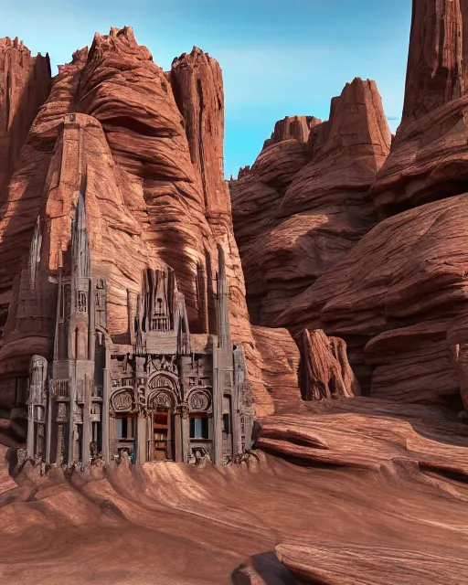 Image similar to beautiful dwelling complex of sandstone, built in red rock canyon, a fusion of star wars and gothic revival architecture, natural volumetric lighting, realistic high detail 4 k render