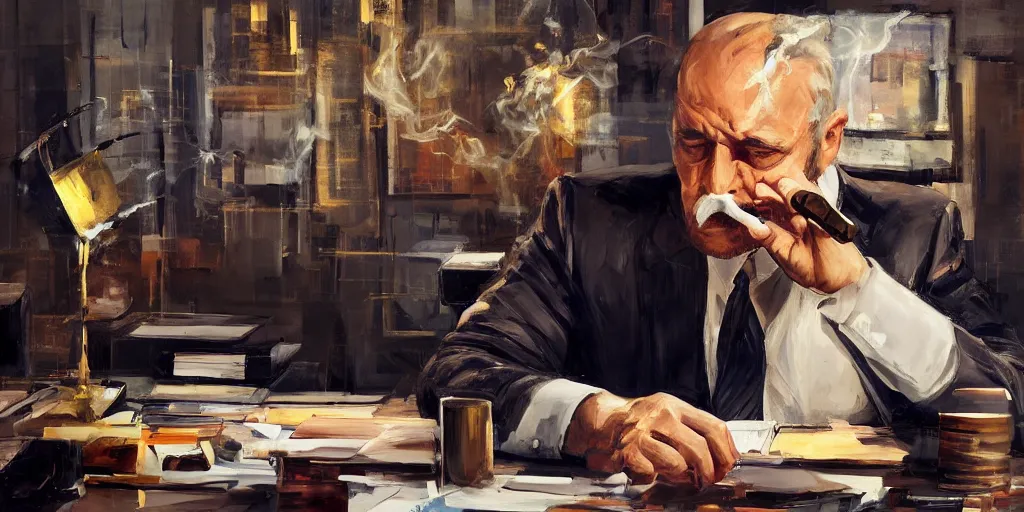 Image similar to abstract oil matte portrait painting, mafia boss smoking a cigar at his 5 0 s new york office desk, wonderful masterpiece highly detailed, beautiful cinematic light deep focus, elegant, digital painting, smooth, sharp focus, golden ratio, dramatic illumination, ultra realistic, 8 k, art by jimmy law