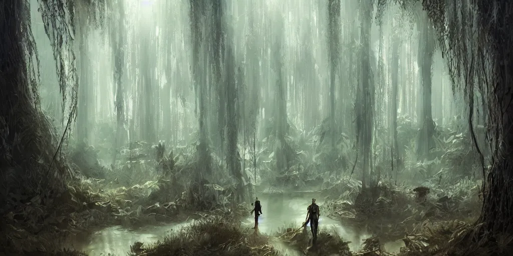 Image similar to reed people in futuristic spiritual mystical post apocalyptic forest by, dim painterly volumetric aquatic lighting, beautiful, crisp, artstation, highly detailed