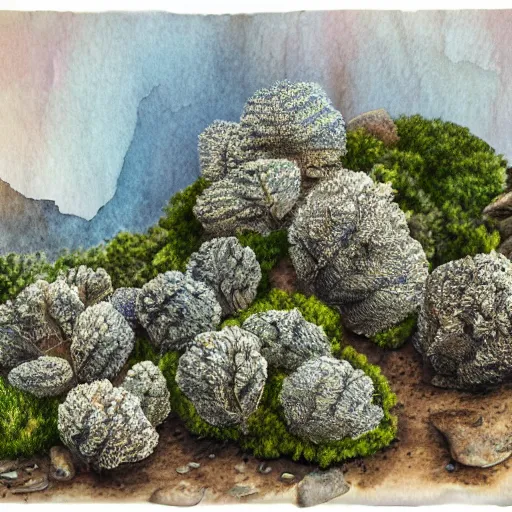 Prompt: delicate coastline mountain garden on paper, stony, puffy, botanical herbarium, botanic watercolors, iridescent, 8 k wide angle, realistic shaded, fine details, artstation, italian, colonnade, oak tree, pinecone, pomegranade, hydrangea, vines, gardena architecture, pompeian